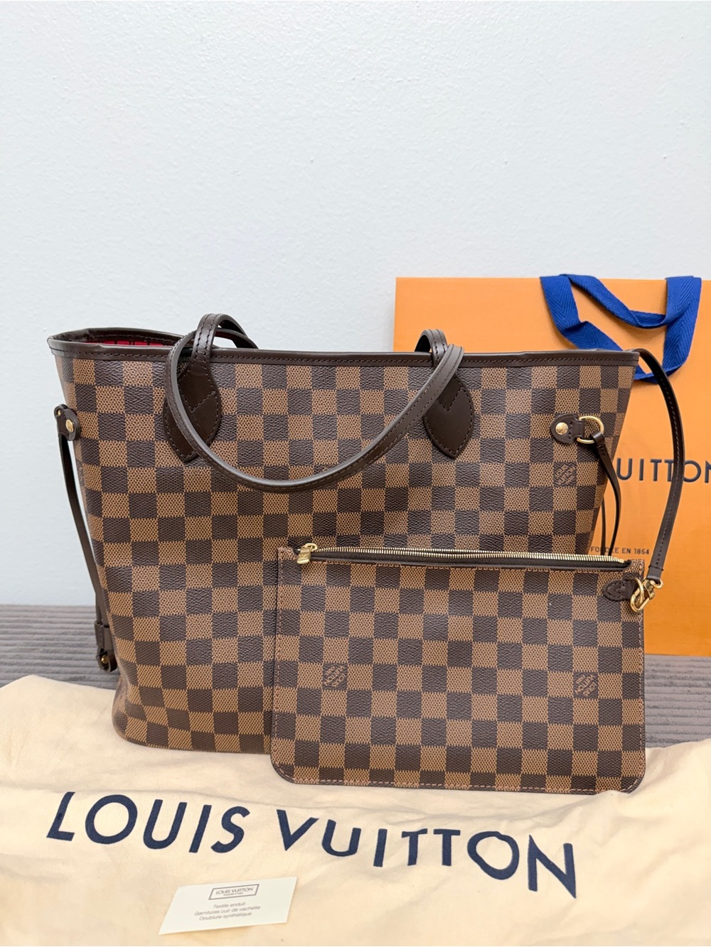 Louis Vuitton Damier Ebene Canvas Neverfull Tote with Zip Pochette in Brown MM